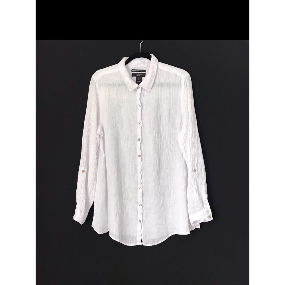 Tahari Shirt Women's XL White European Flax 100% Linen Woven Textured Button Up